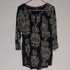 Lucky Brand Black Paisley Boho Blouse 3/4 Sleeve Relaxed Fit Size 1X NWOT